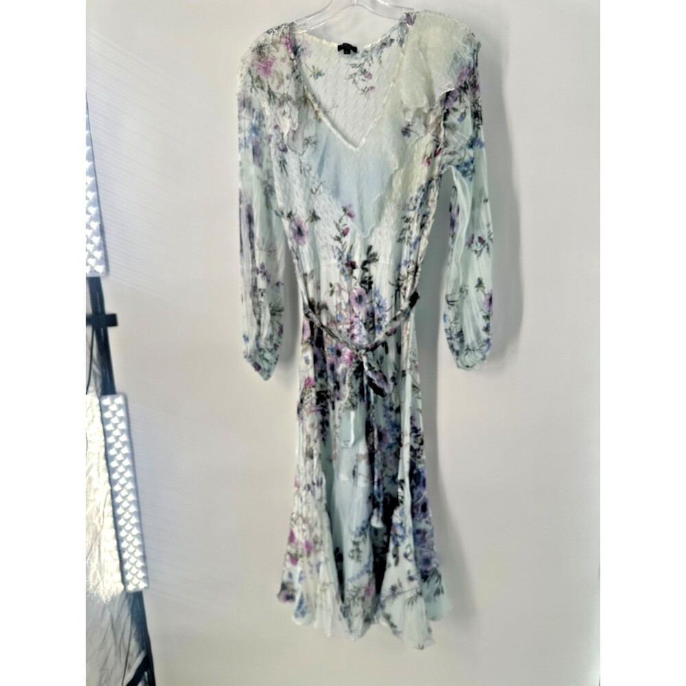 Komarov Plisse Dress White Purple Floral Cottagecore Romantic Garden Party Sz L